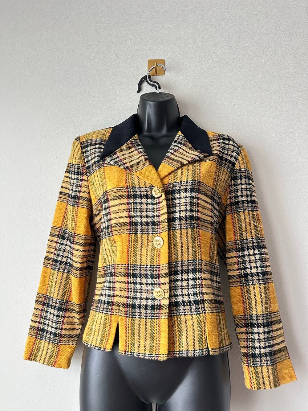 Vintage 90s Mustard Yellow Black Plaid Blazer Clueless Preppy Academia M